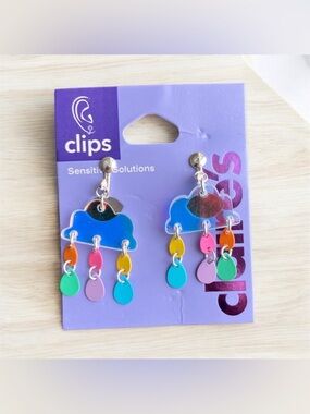 2/$20 NEW Claire's Cloud Raindrops Sensitive Solutions Clip On Earrings PRIDE